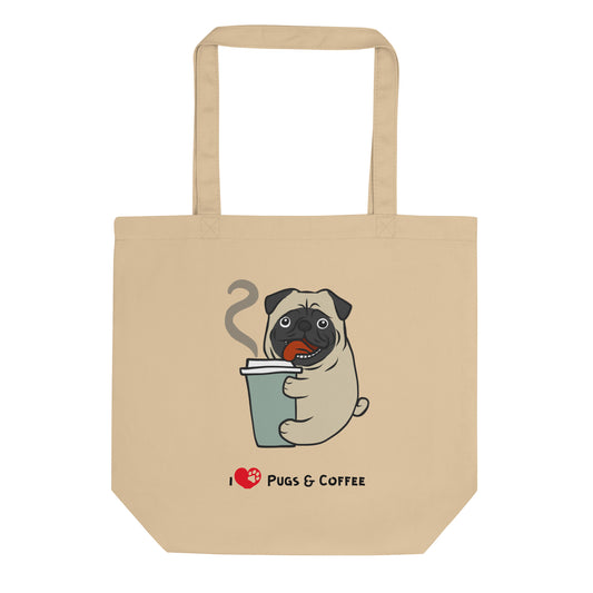 Organic Cotton Tote Bag - I Love Pugs And Coffee | Eco-Friendly Gift | Pawfect Merch.