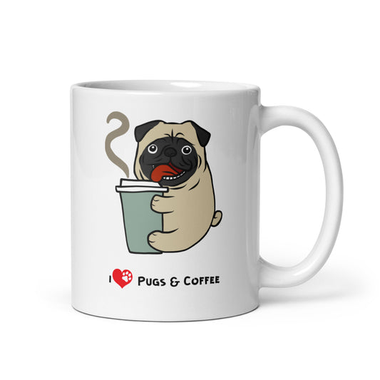 Ceramic White Coffee Mug - I Love Pugs And Coffee | Dog Lover Gift | Pawfect Merch.